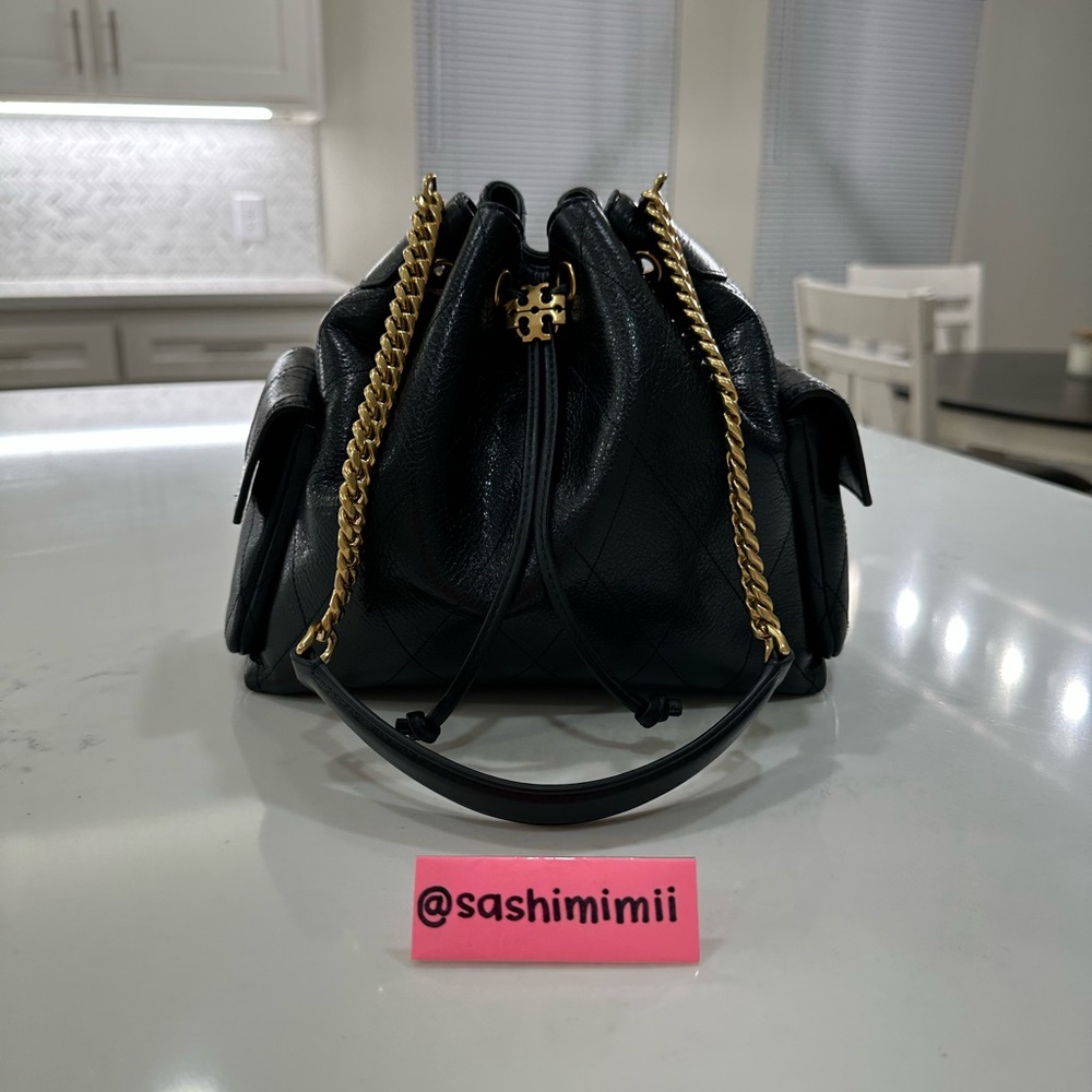 Tory Burch Black Charlie Quilted Leather Drawstring Shoulder Bag (SMALLER SIZE)
